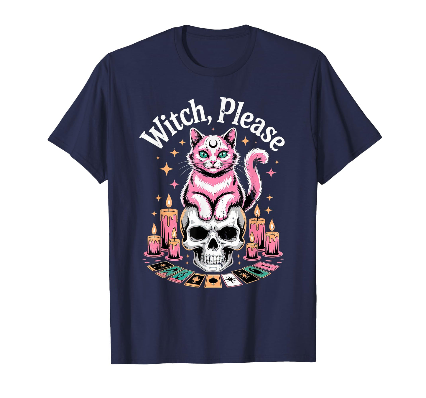 Kawaii Cat with Wings Skull Candles and Crescent Moon Goth Men Women Kids T-Shirt