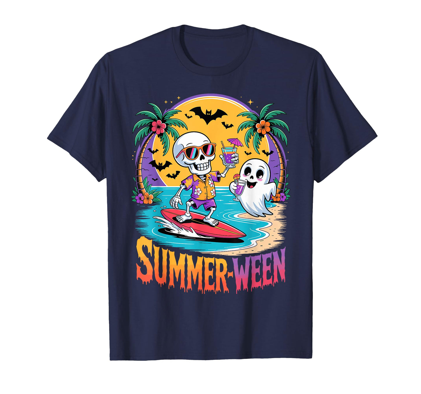 Skeleton Ghost Spooky Beach Holiday Summer Party Summerween T-Shirt
