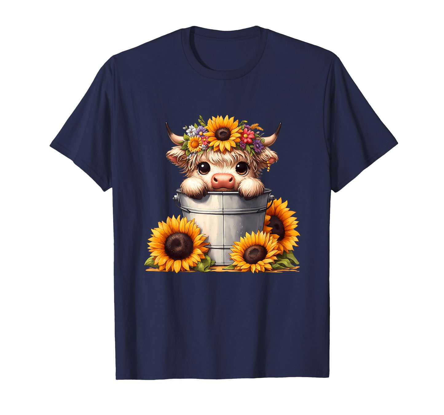 Cute Baby Highland Cow with Sunflowers in Bucket, Calf T-Shirt