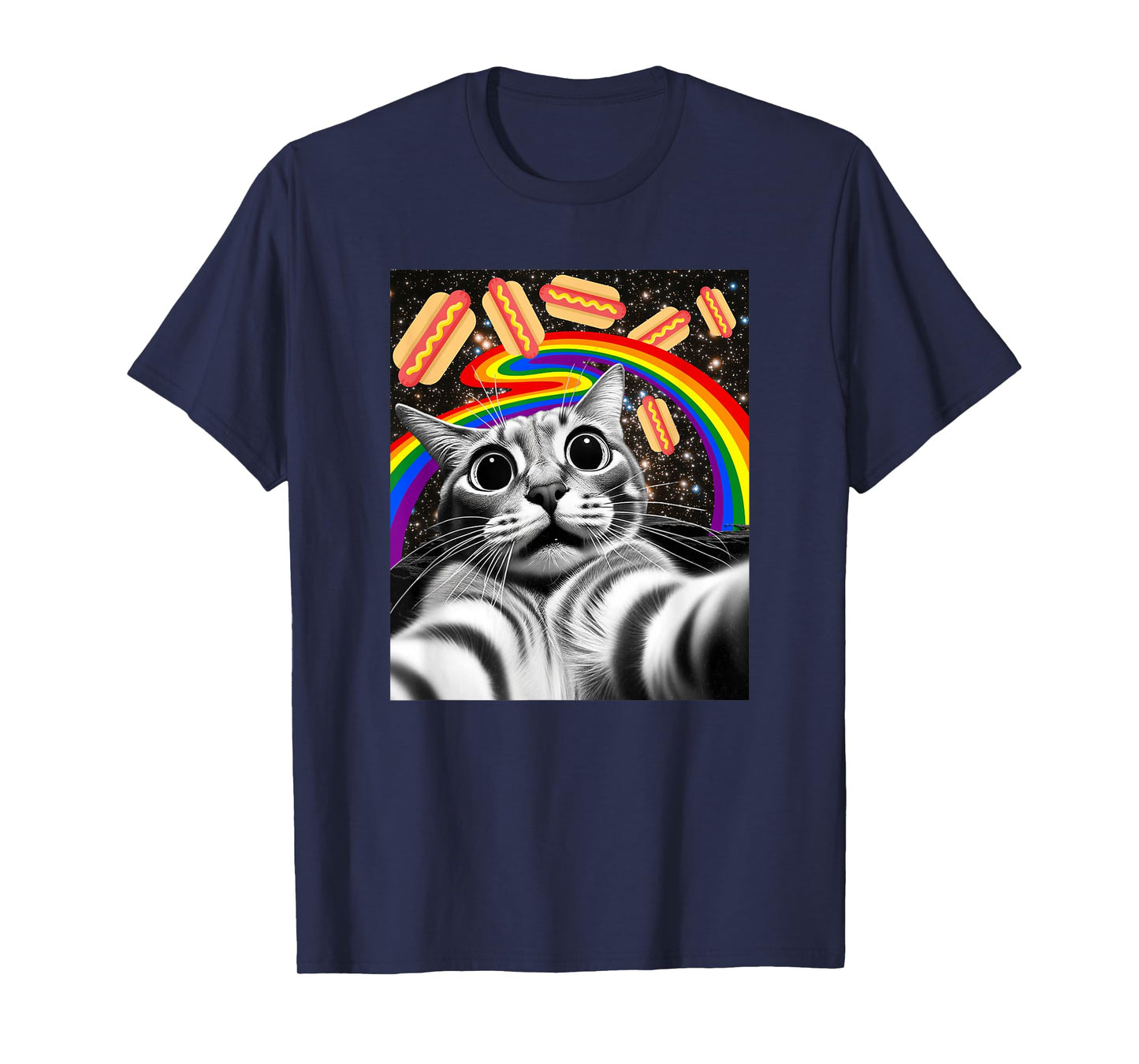 Funny Graphic Rainbow Hotdog UFOs Cosmic Space Selfie Cat T-Shirt for Men Women Kids