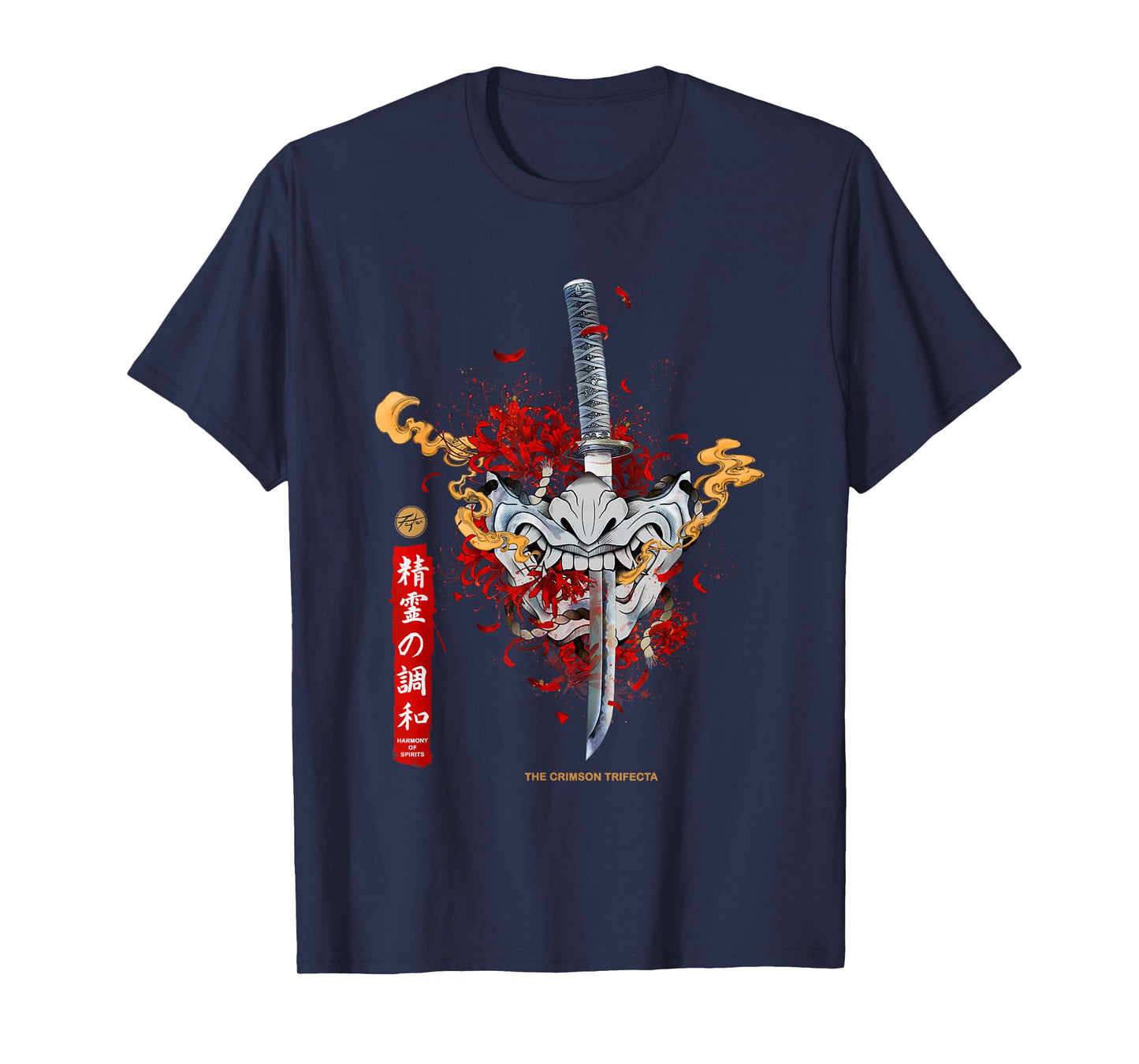 Red Spider Lily and Japanese Anime Retro Oni Samurai Mask T-Shirt