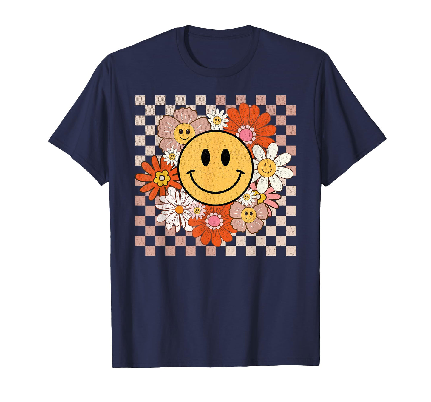 Retro Groovy Smile Happy Face Flowers Checkered 70s Hippie T-Shirt