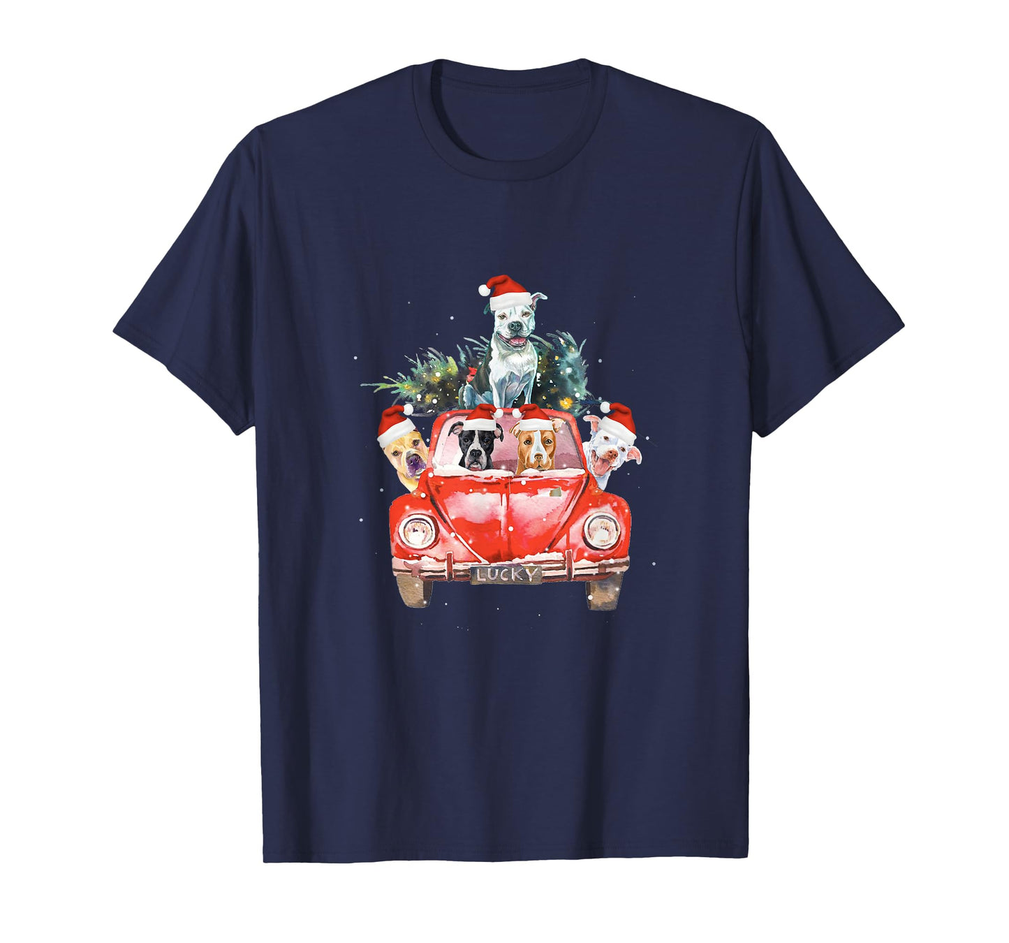 Pitbull Riding Red Truck Christmas Tree Santa Pitbull Xmas T-Shirt