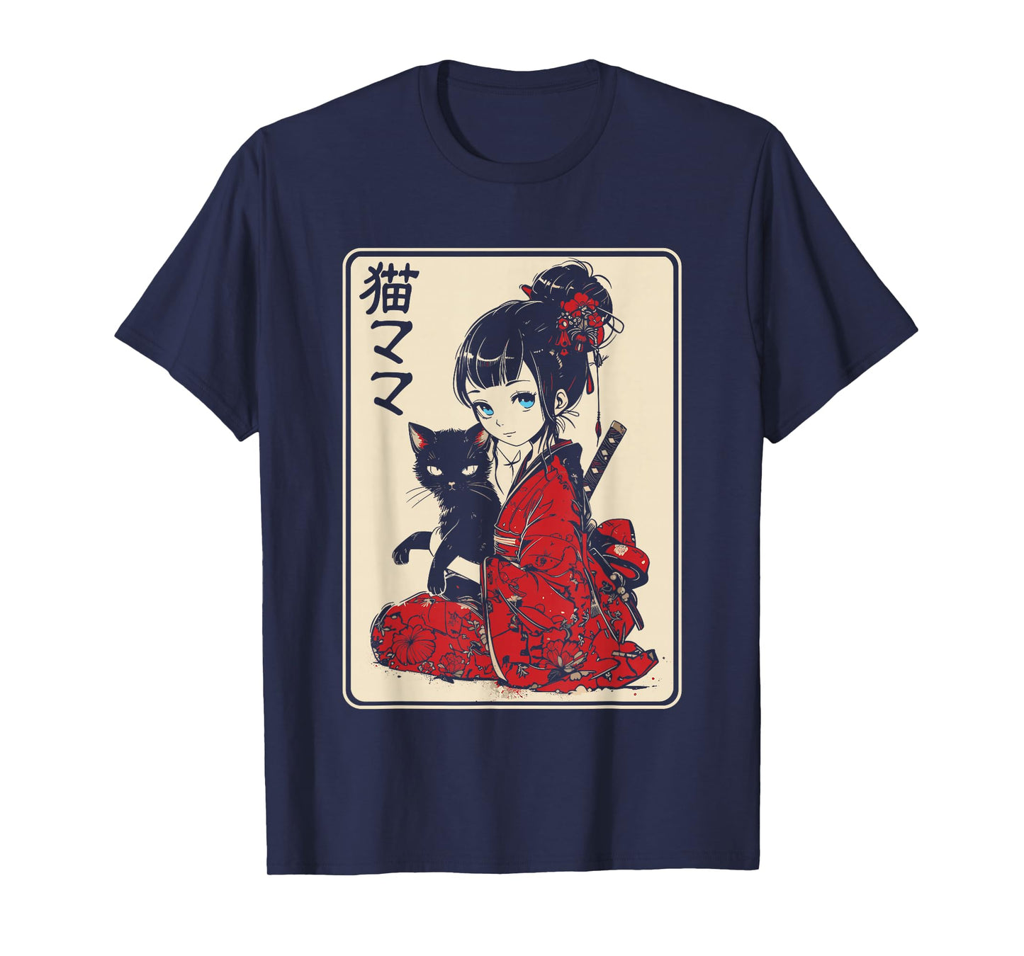 Japanese Gothic Kawaii Anime Samurai Cat Mom Woman Girls T-Shirt