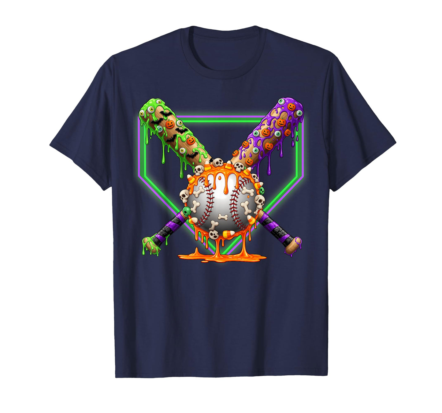 Spooky Baseball Ice Cream Drip Home Plate Dripping Halloween T-Shirt