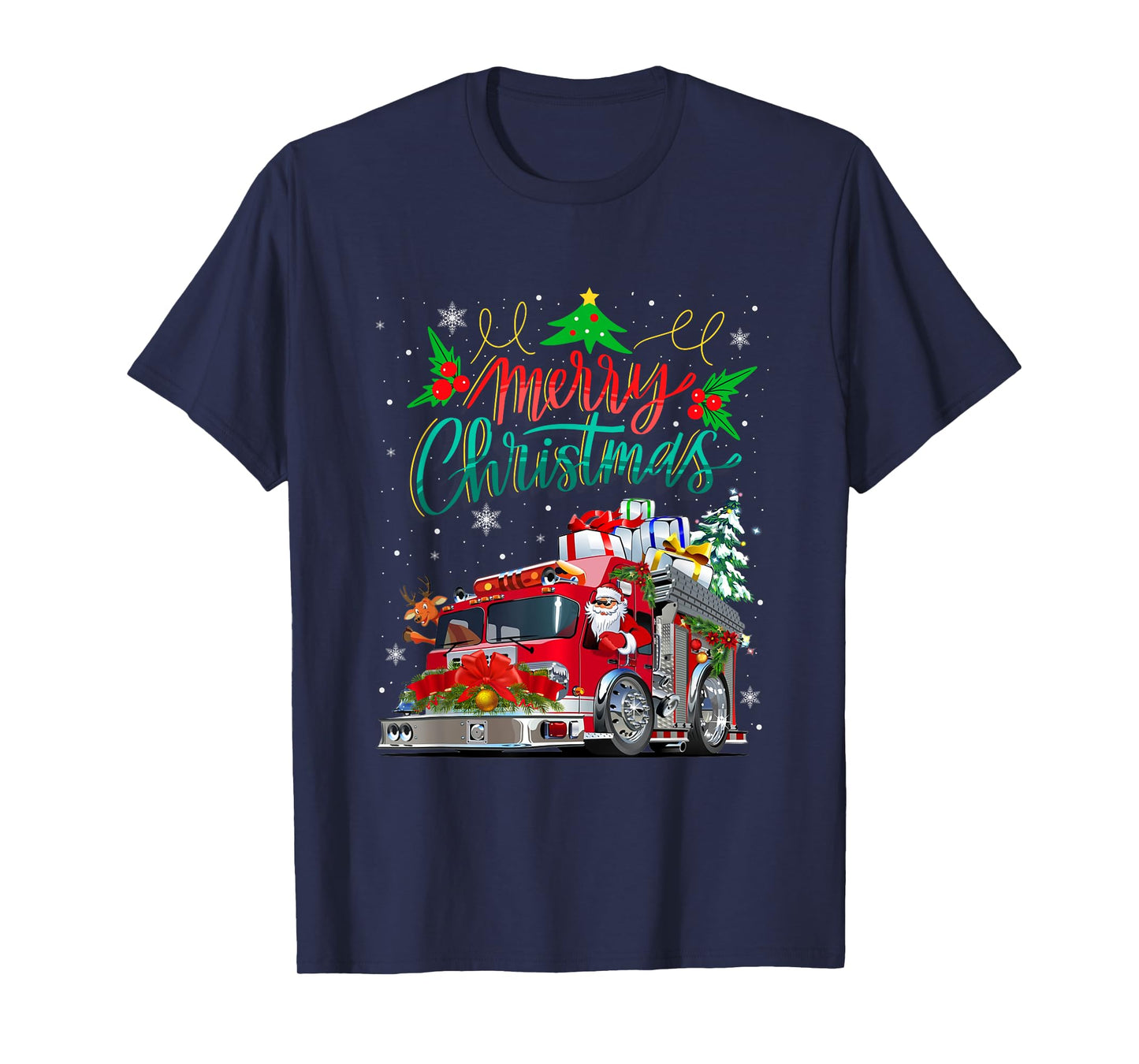 Firetruck Santa Sleigh Fireman Christmas Firefighter Xmas T-Shirt