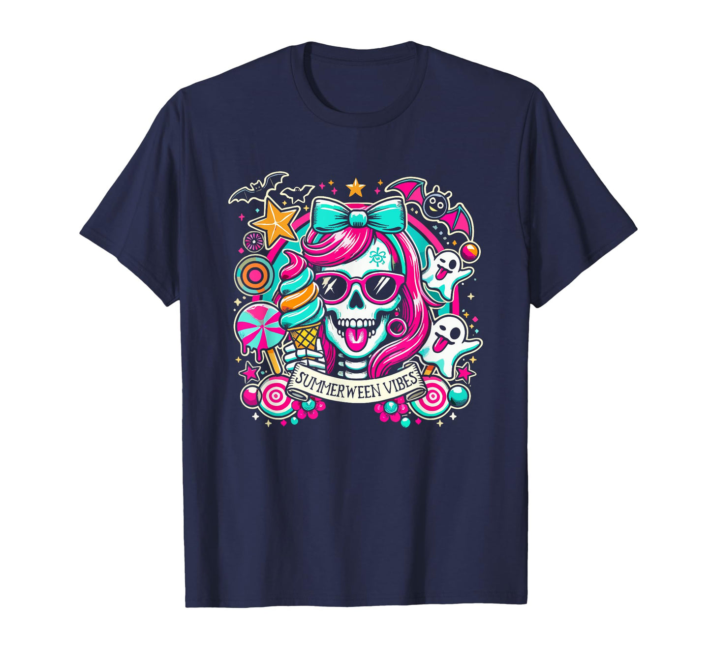 Summerween Vibes Skeleton Spooky Vacation Halloween Summer T-Shirt for Men Women Kids