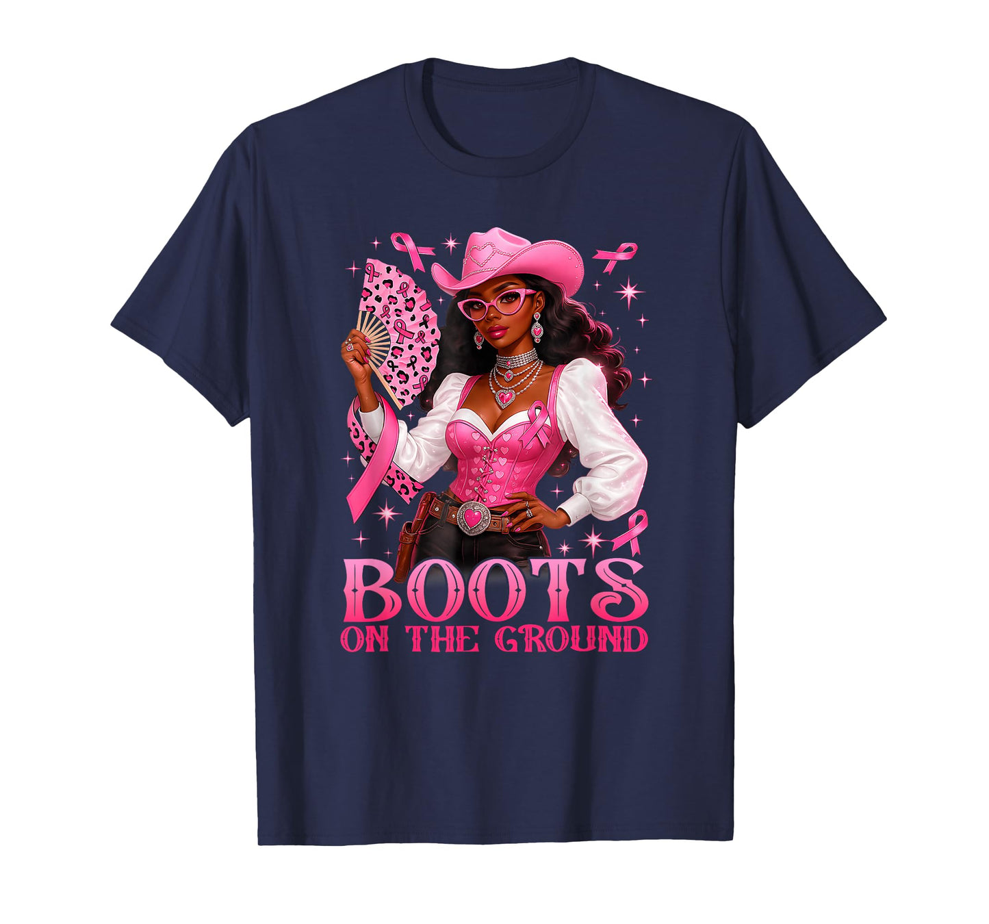 Boots On The Ground Pink Cowgirl Breast Cancer Western Women T-Shirt