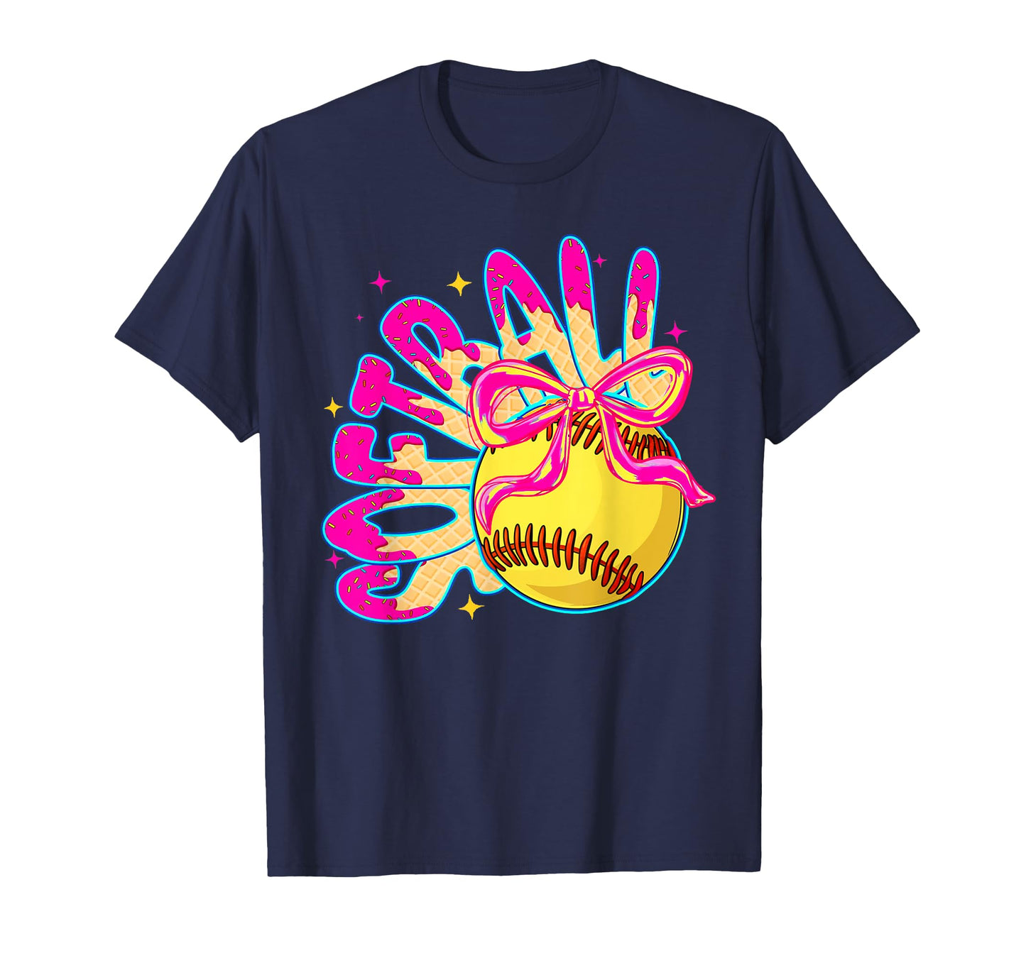 Softball Ice Cream Drip Coquette Bow Girl Softball Mama T-Shirt