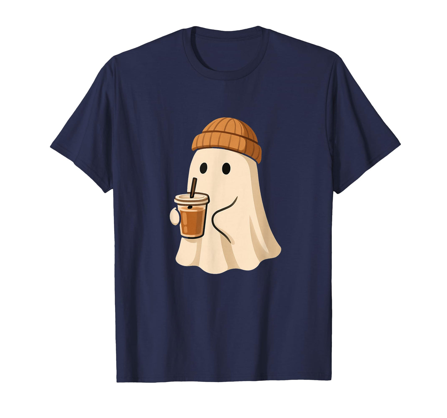 Ghost with Beanie Coffee Cup Minimal Cozy Spooky Autumn T-Shirt