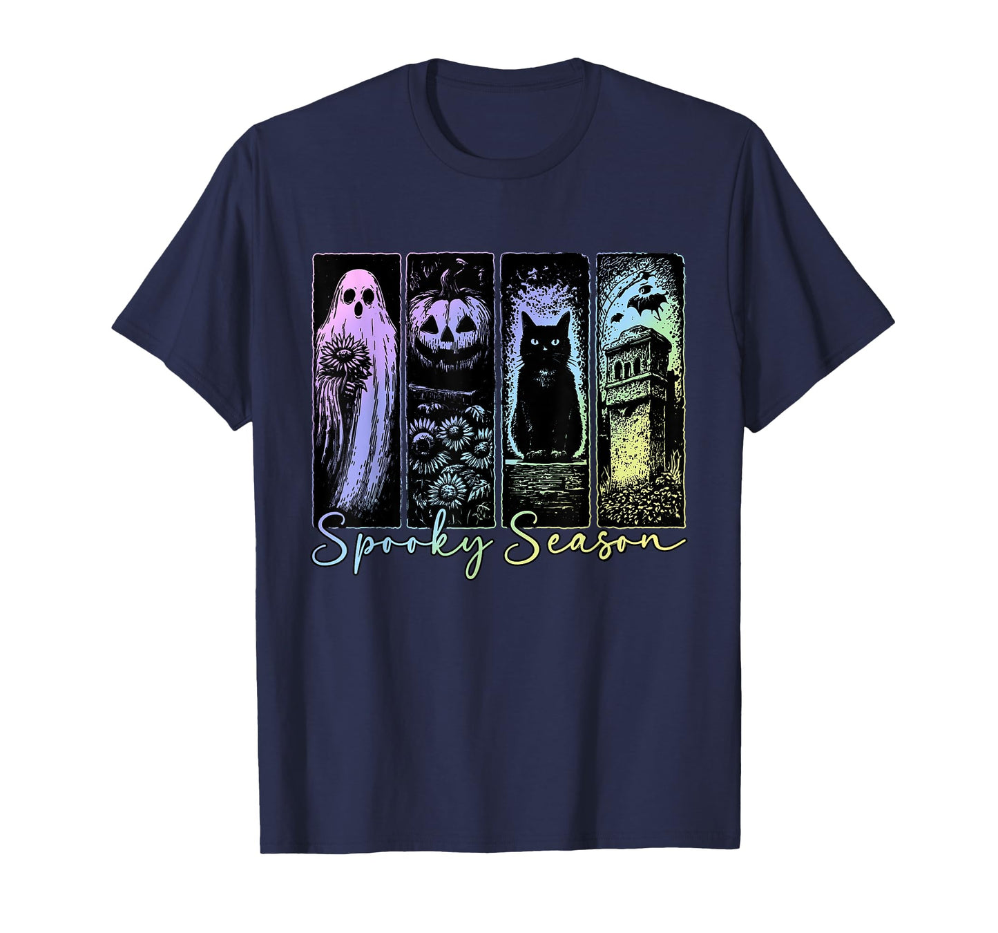 Spooky Season Cute Retro Ghost Pumpkin Cat Halloween Costume T-Shirt
