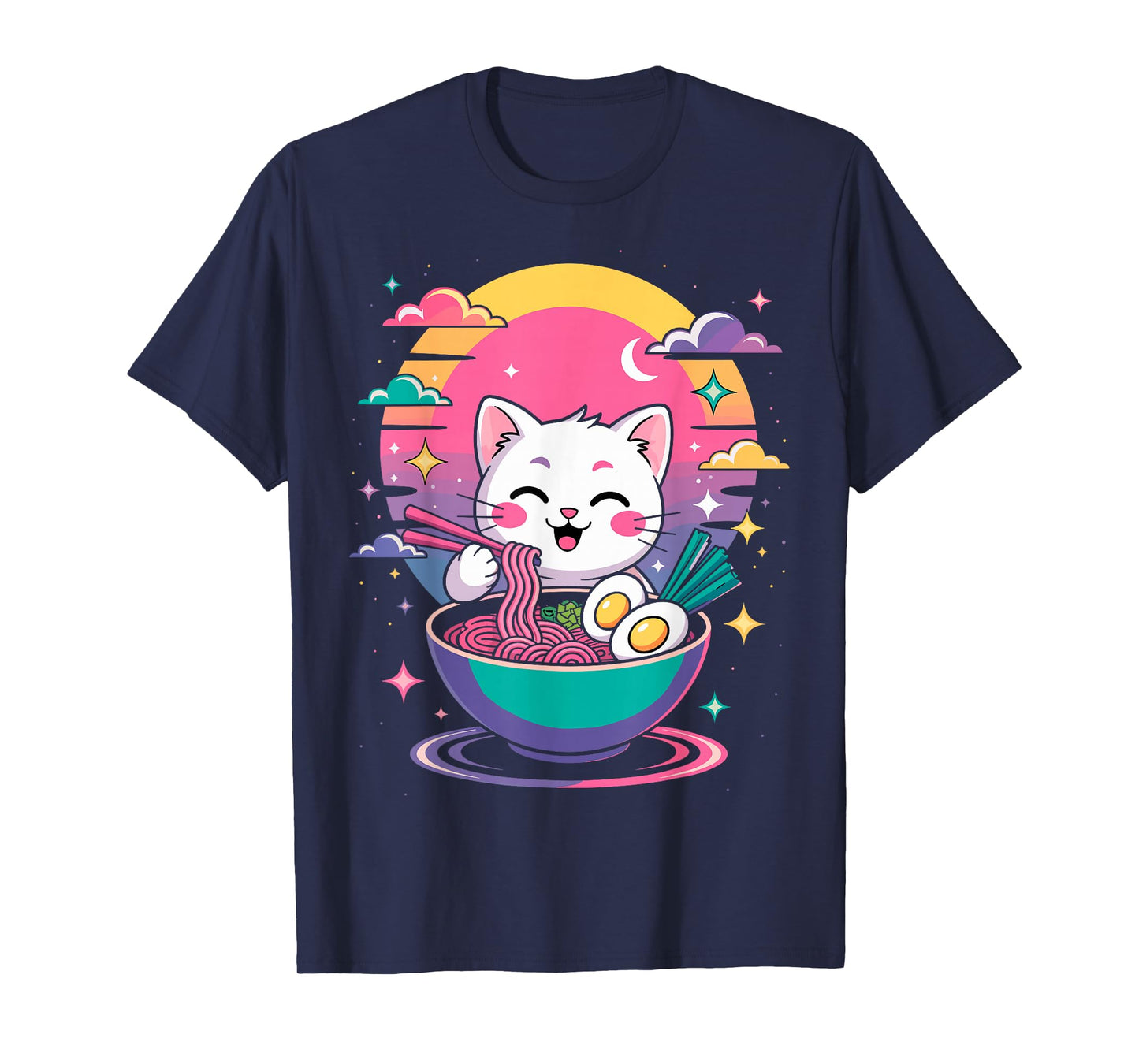 Cute Cat & Ramen Anime Noodle Tee Japanese Kawaii Retro T-Shirt