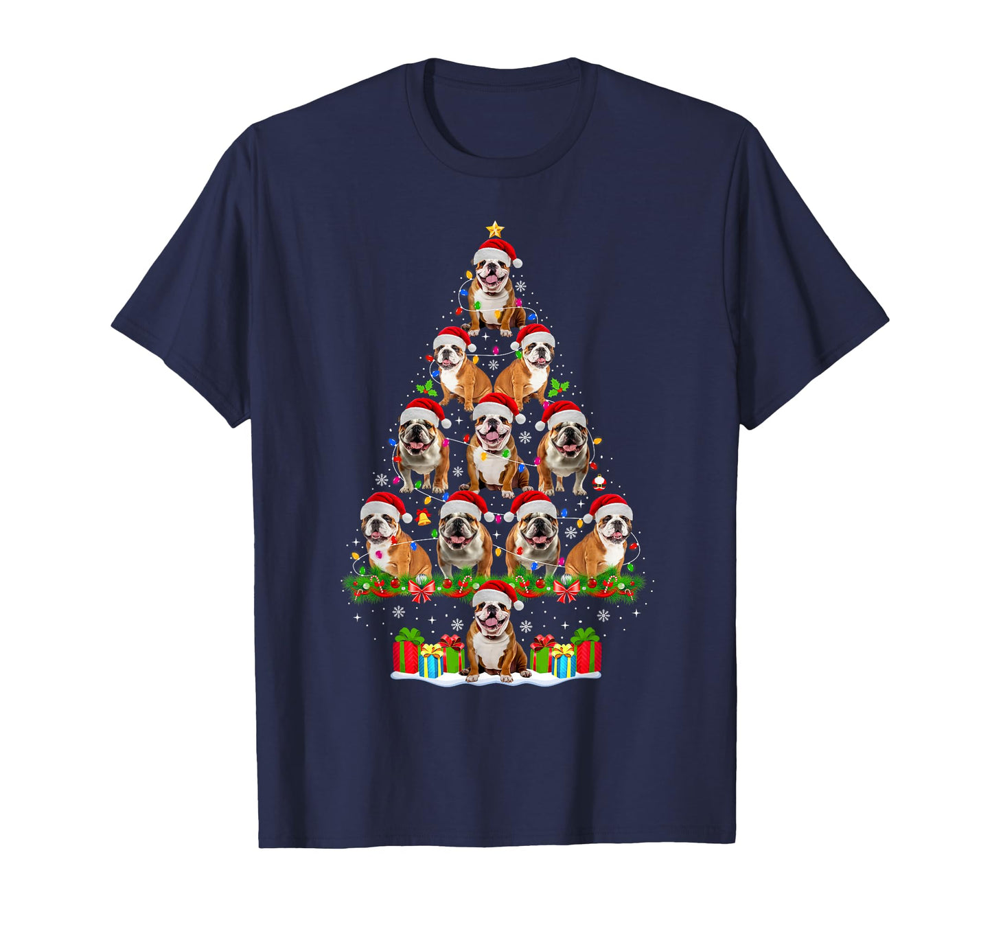 English Bulldog Dog Christmas Tree Lights Funny Xmas Pajamas T-Shirt