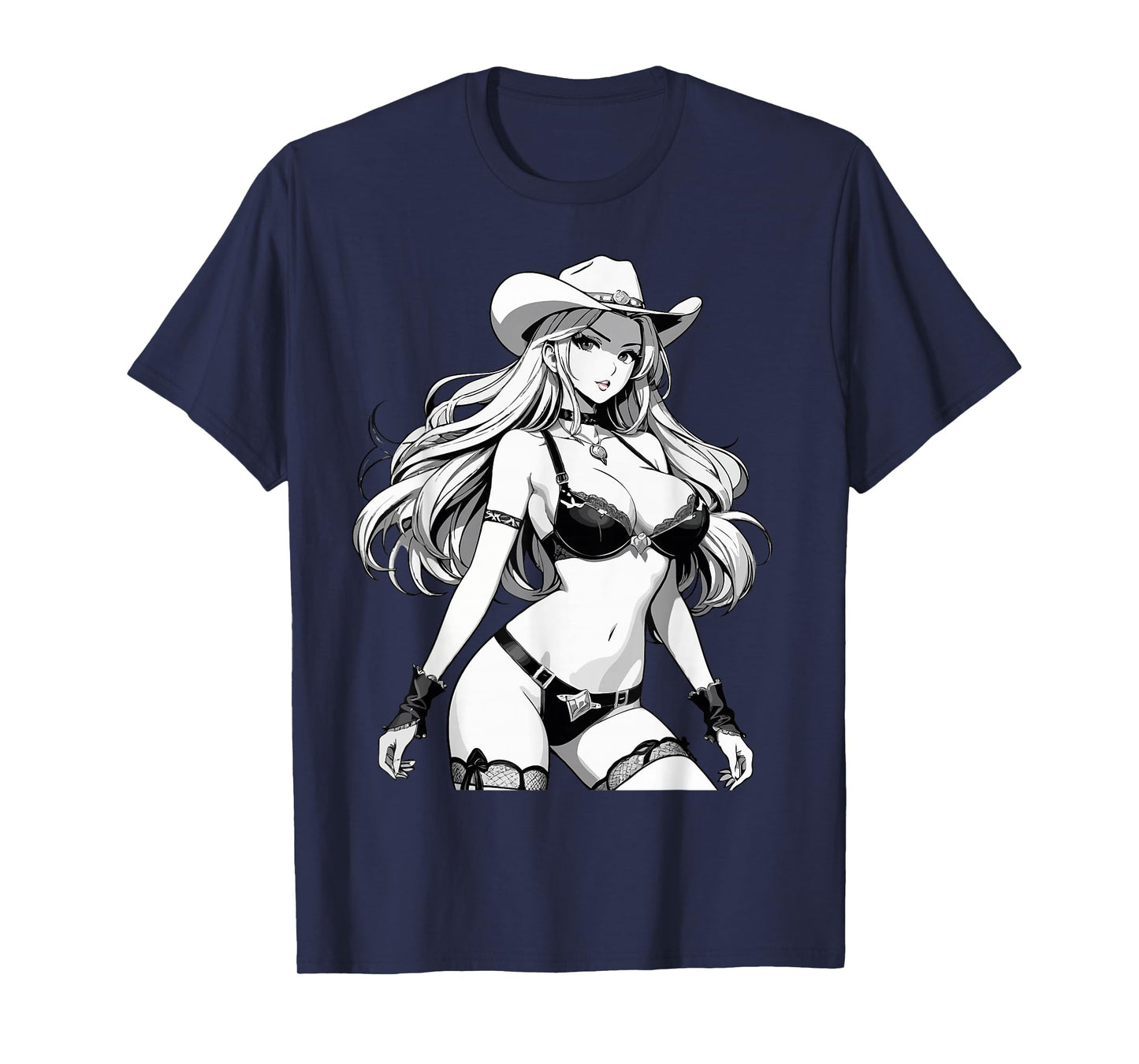 Sexy Waifu Anime Cowgirl Japanese in Black and White Art T-Shirt