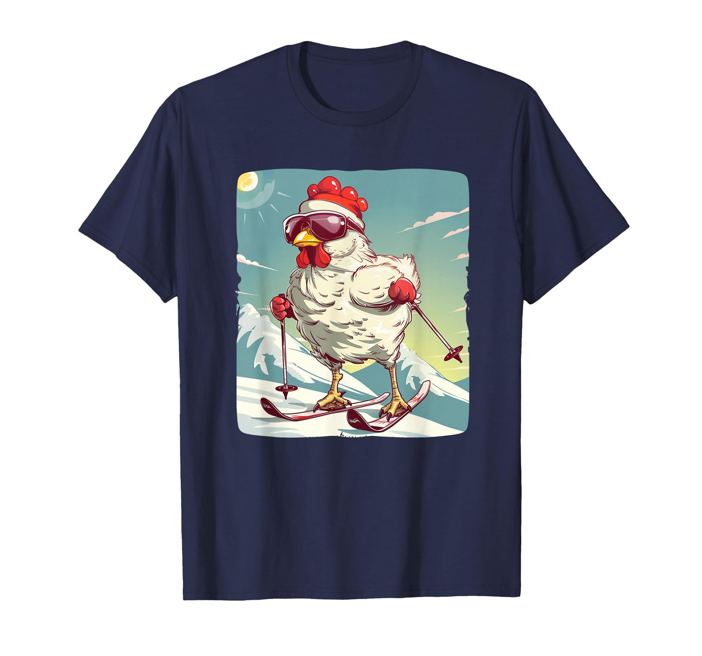 Funny Winter Chicken with Cross-country skiing Shoes Outfit T-Shirt