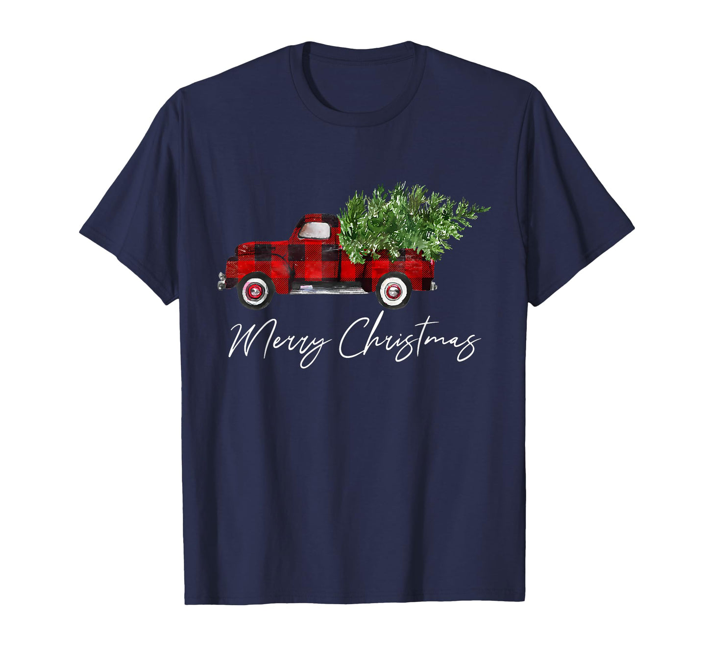 Red Buffalo Plaid Pickup Truck with Tree Merry Christmas T-Shirt