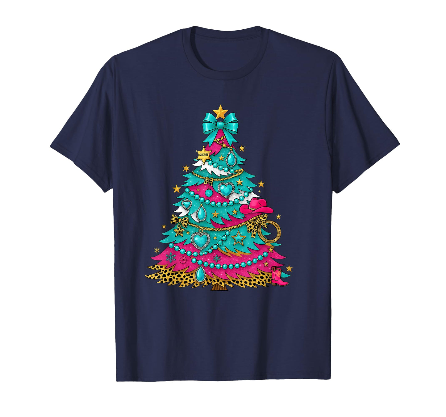 Cowgirl Christmas Tree Turquoise Pink Western Holiday Design T-Shirt