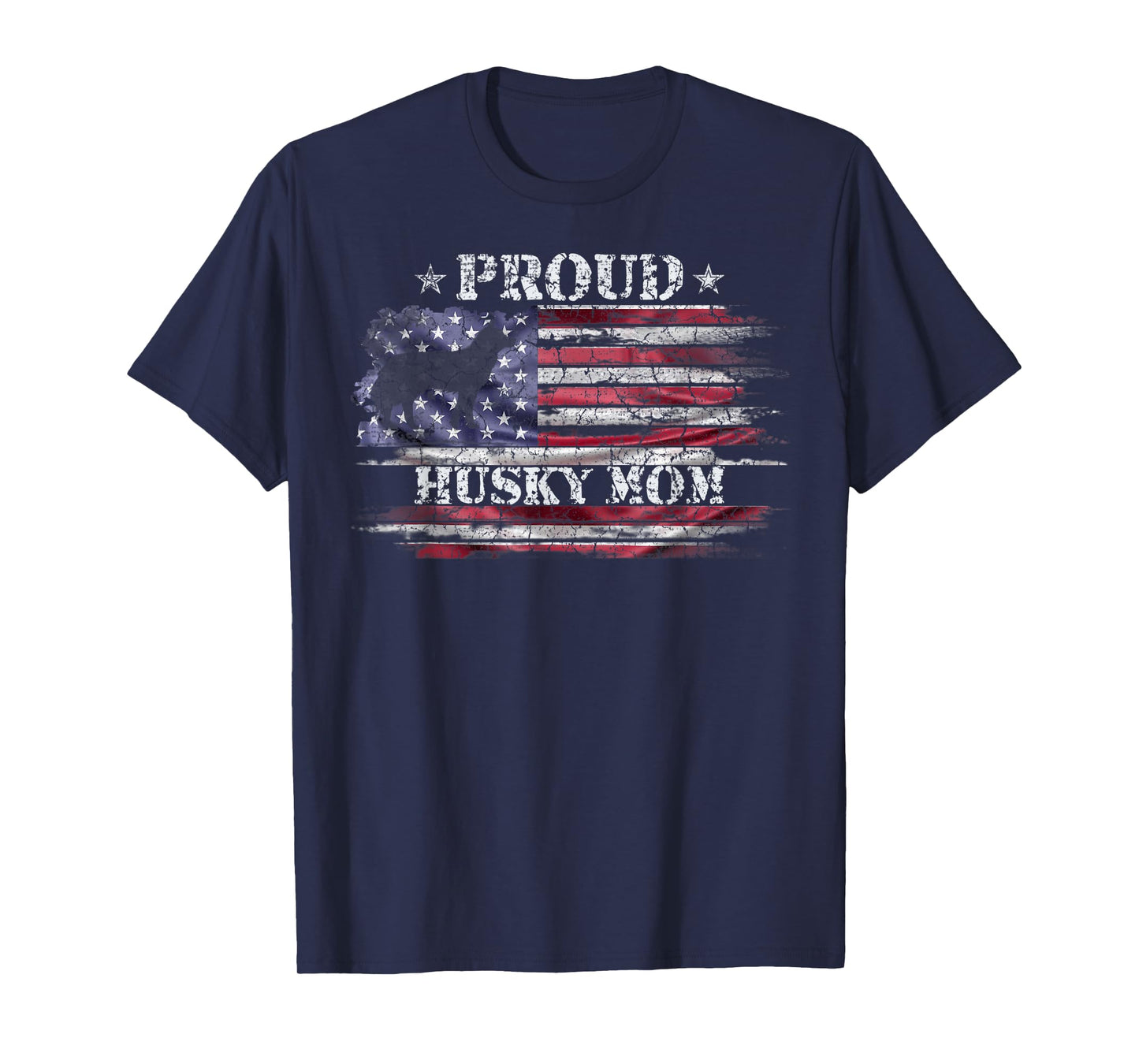 Vintage American Flag Proud Siberian Husky Mom Silhouette Women Kids Men T-Shirt