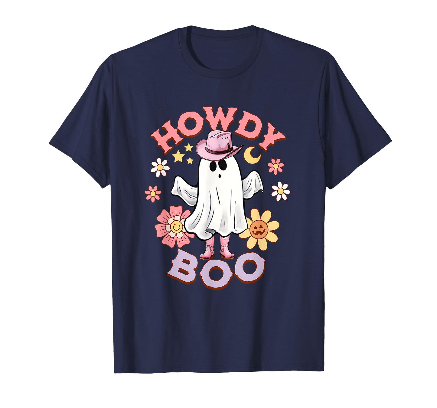 Howdy Boo funny ghost pink boots womens western halloween T-Shirt