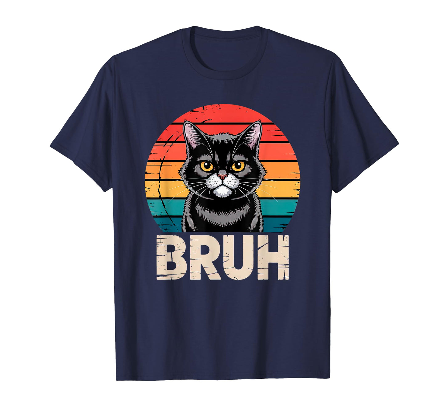 Grumpy Black Cat with BRUH Text and Colorful Retro Men Women Kids T-Shirt