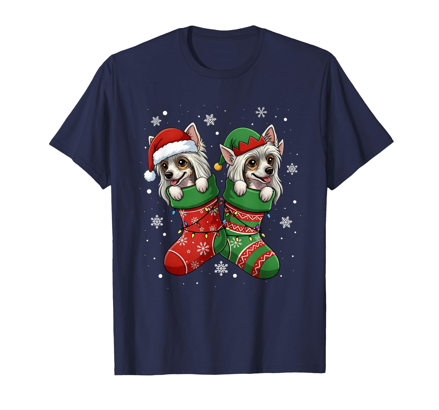 Santa ELF Chinese Crested Dog in Christmas Socks Men Women T-Shirt