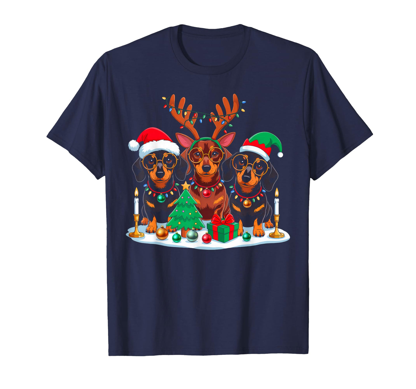 Dachshund Dog Christmas Lights Santa Hat Xmas Dog Lover T-Shirt