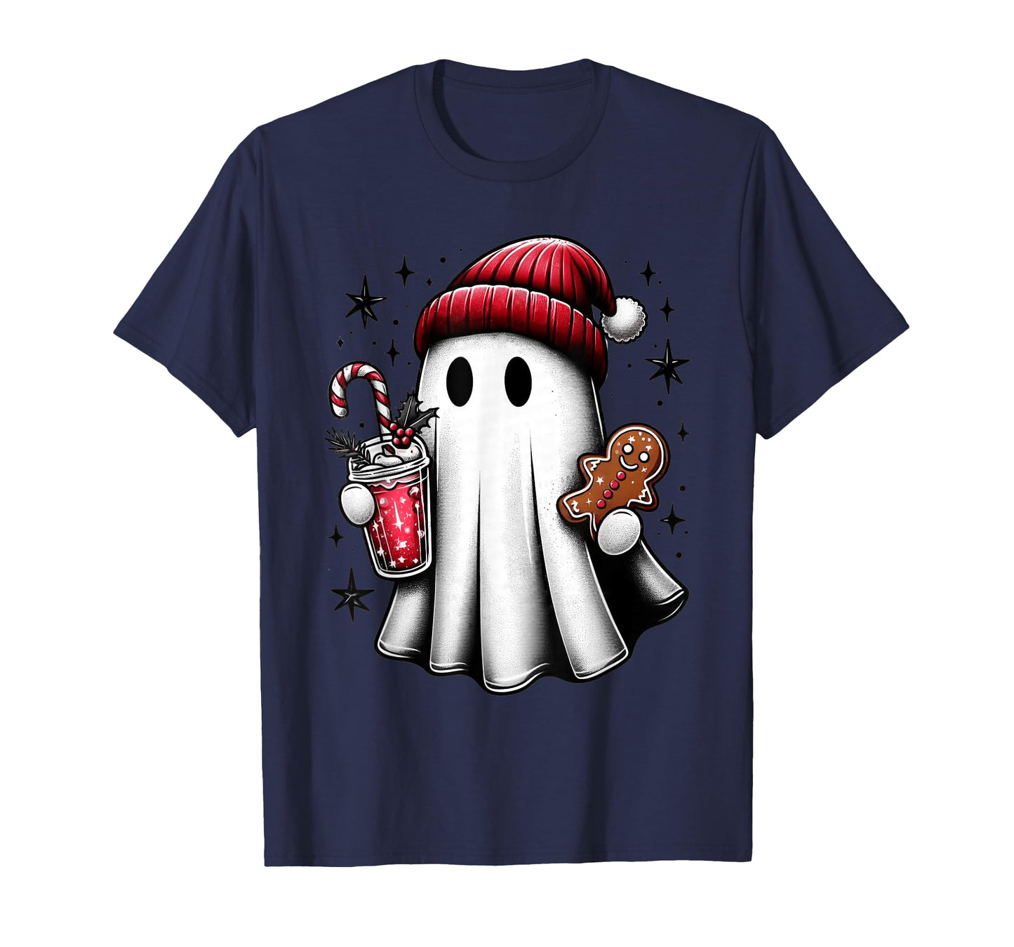 Cute Santa Ghost Drinking Coffee Ice Coffee Christmas Pajama T-Shirt