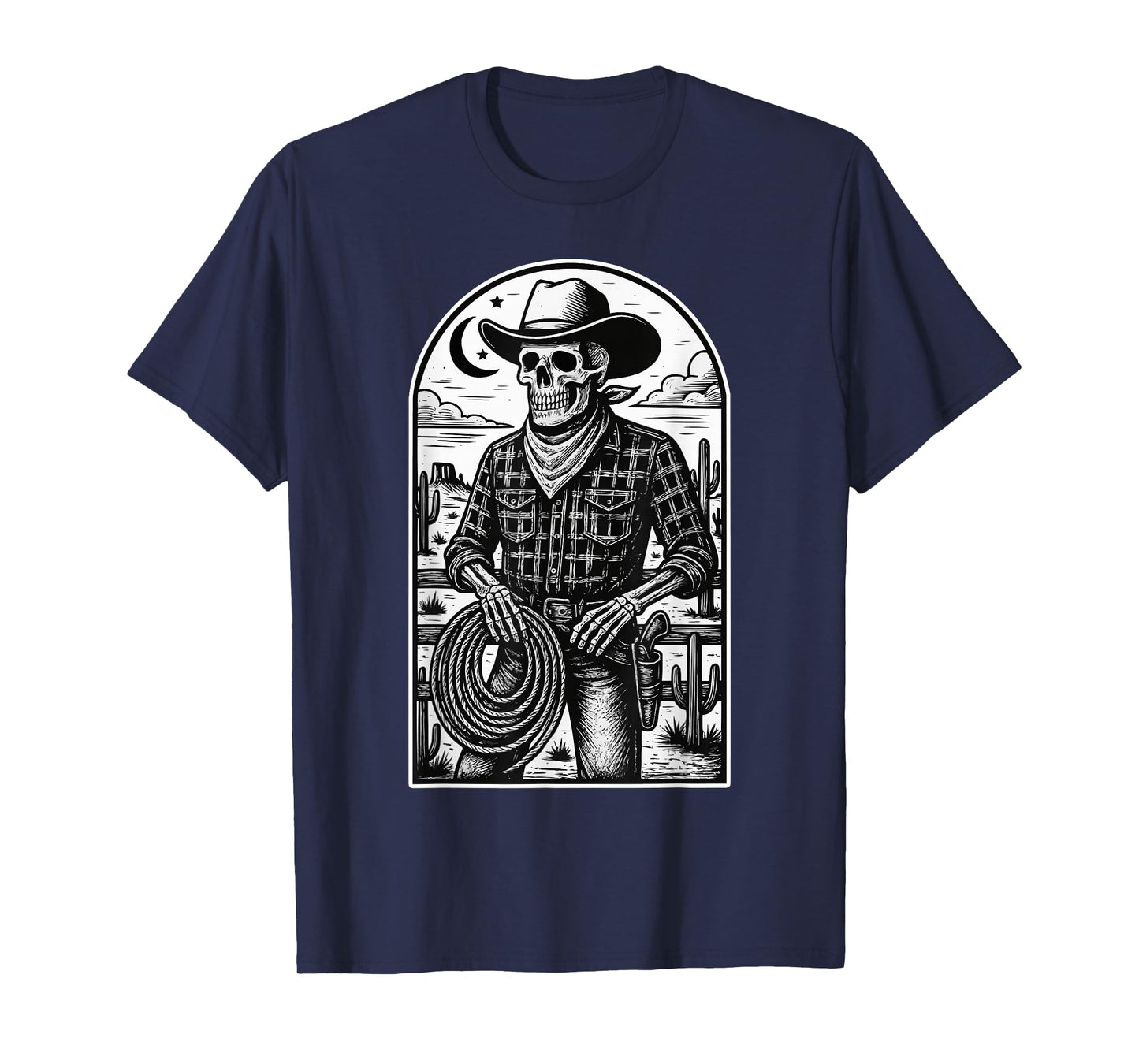 Skeleton Cowboy with Lasso Western Gothic Cactus Desert Moon T-Shirt