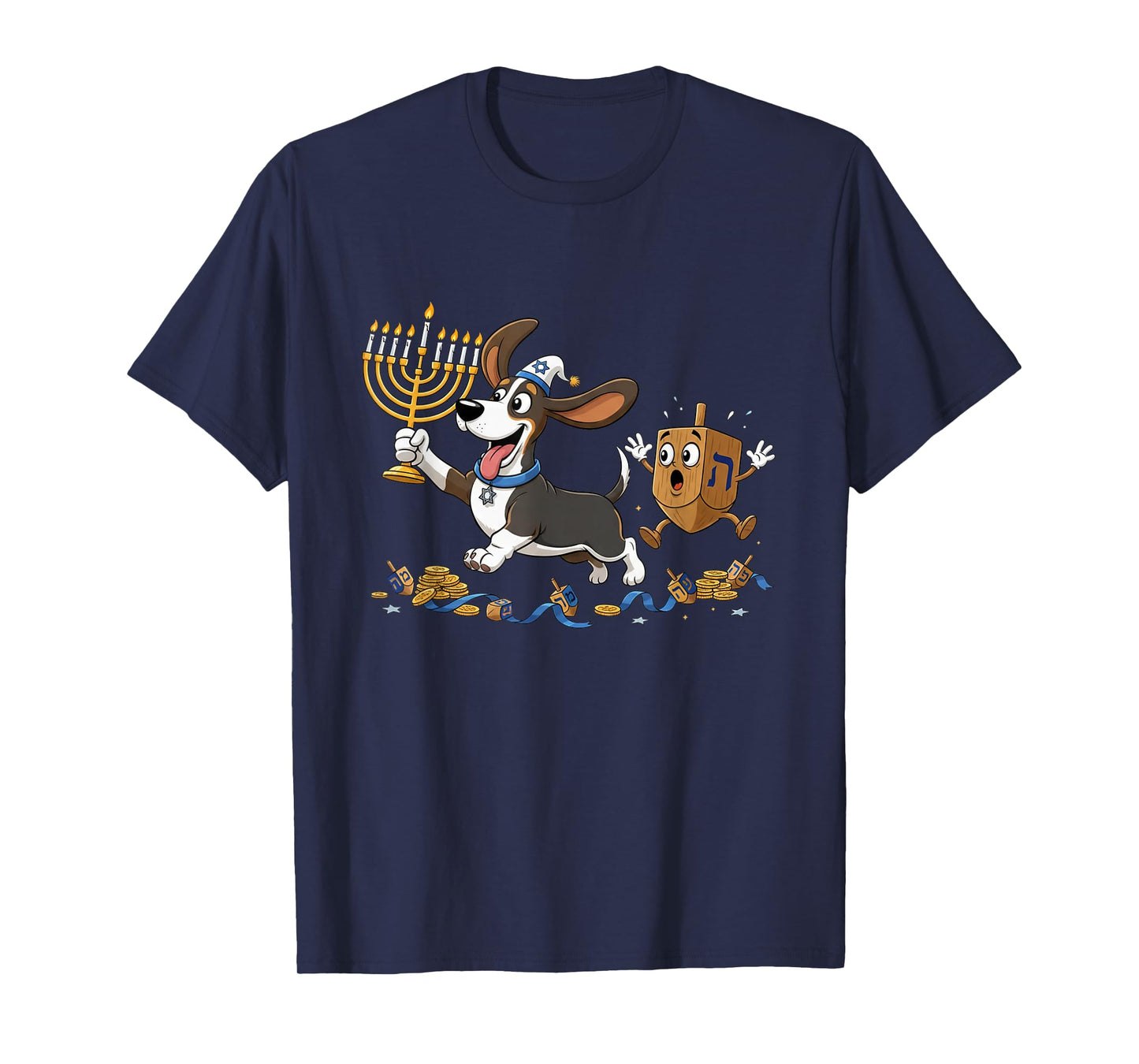 Funny Basset Hound Dreidel Menorah Hanukkah Kids Womens Mens T-Shirt