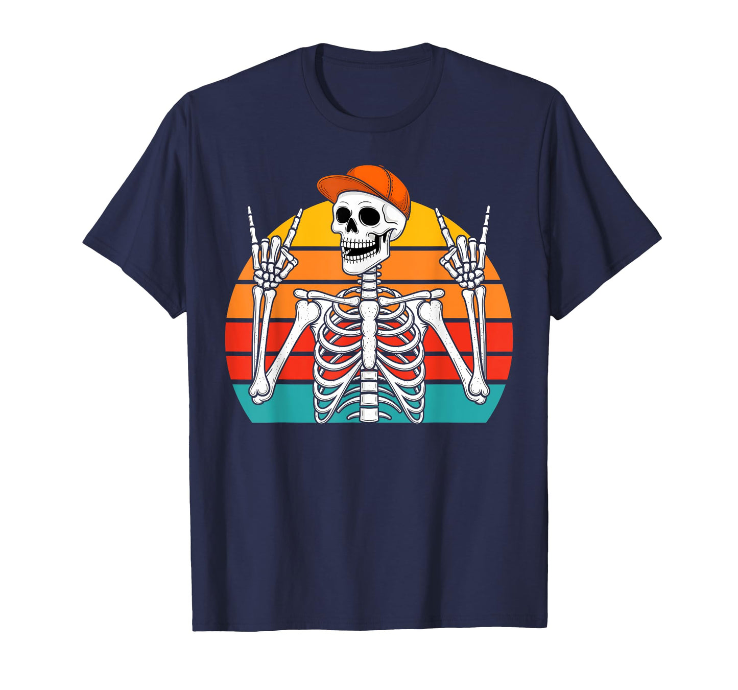 Halloween Rocker Skeleton Cap Cool Punk Rock Men Boy Vintage T-Shirt