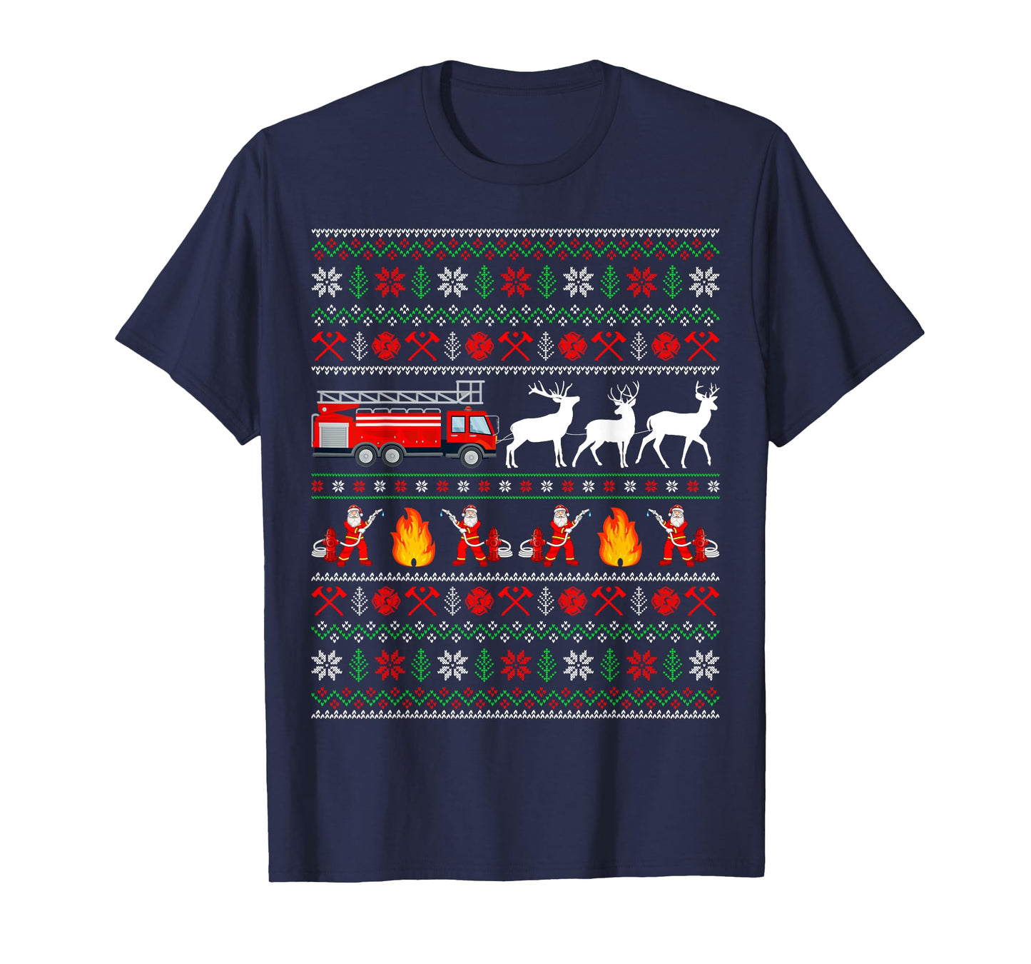 Fire Truck Reindeer Santa Ugly Sweater Firefighter Christmas T-Shirt
