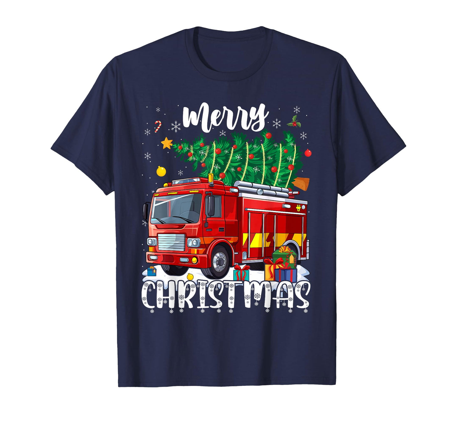 Merry Christmas Tree Firetruck Pajama Firefighter Fireman T-Shirt