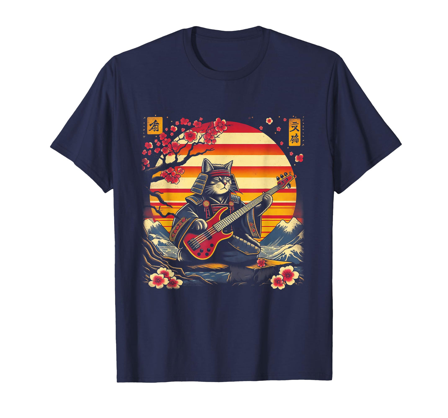 Japanese Samurai Cat Playing The Bass Ninja Kitten Warriors T-Shirt
