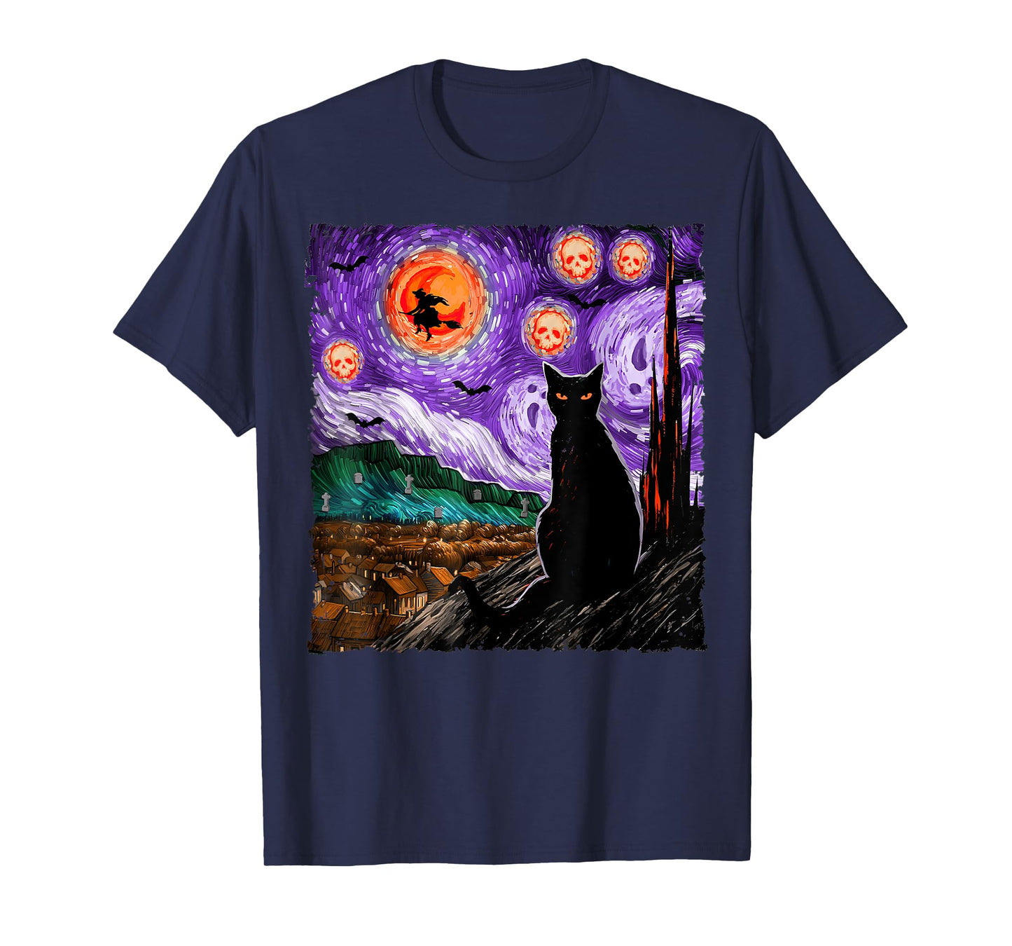 Halloween Starry Night Black Cat Kitten Spooky Ghost Witch T-Shirt