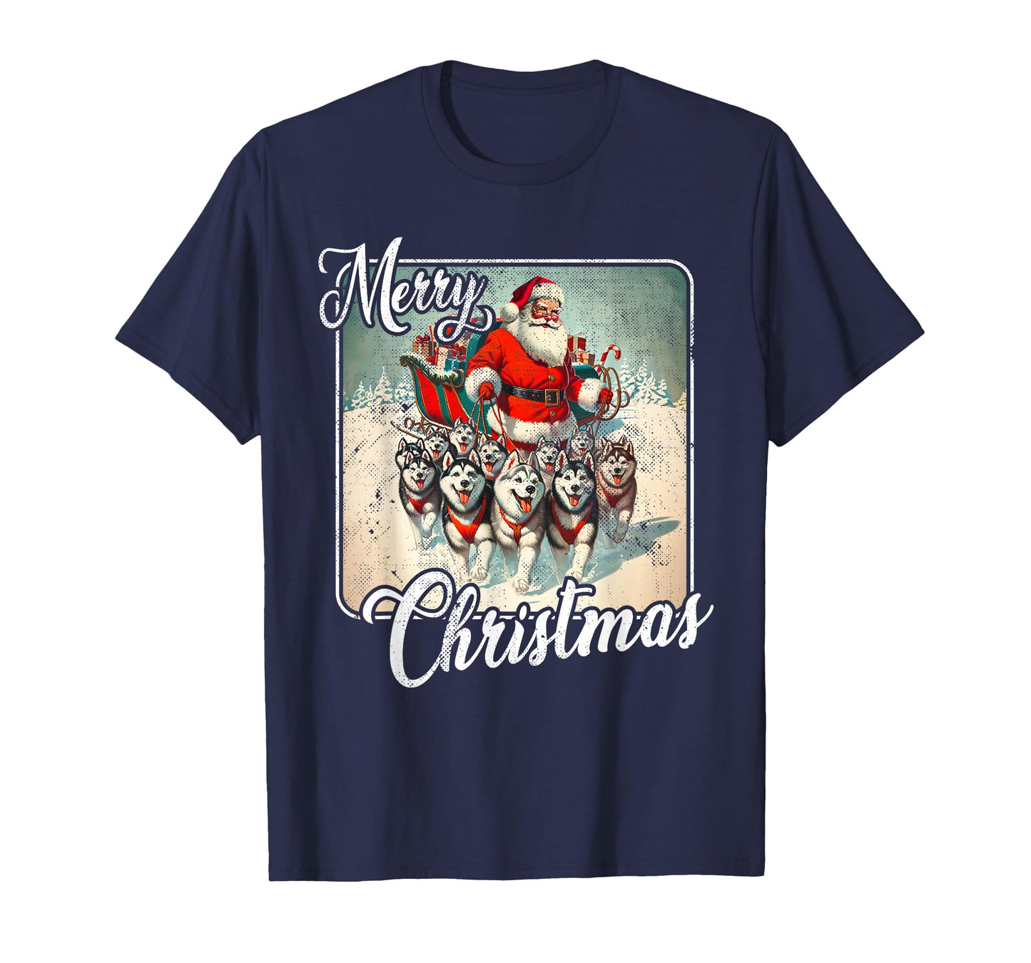 Vintage Husky Family Christmas Huskies Pulling Santa Sleigh T-Shirt