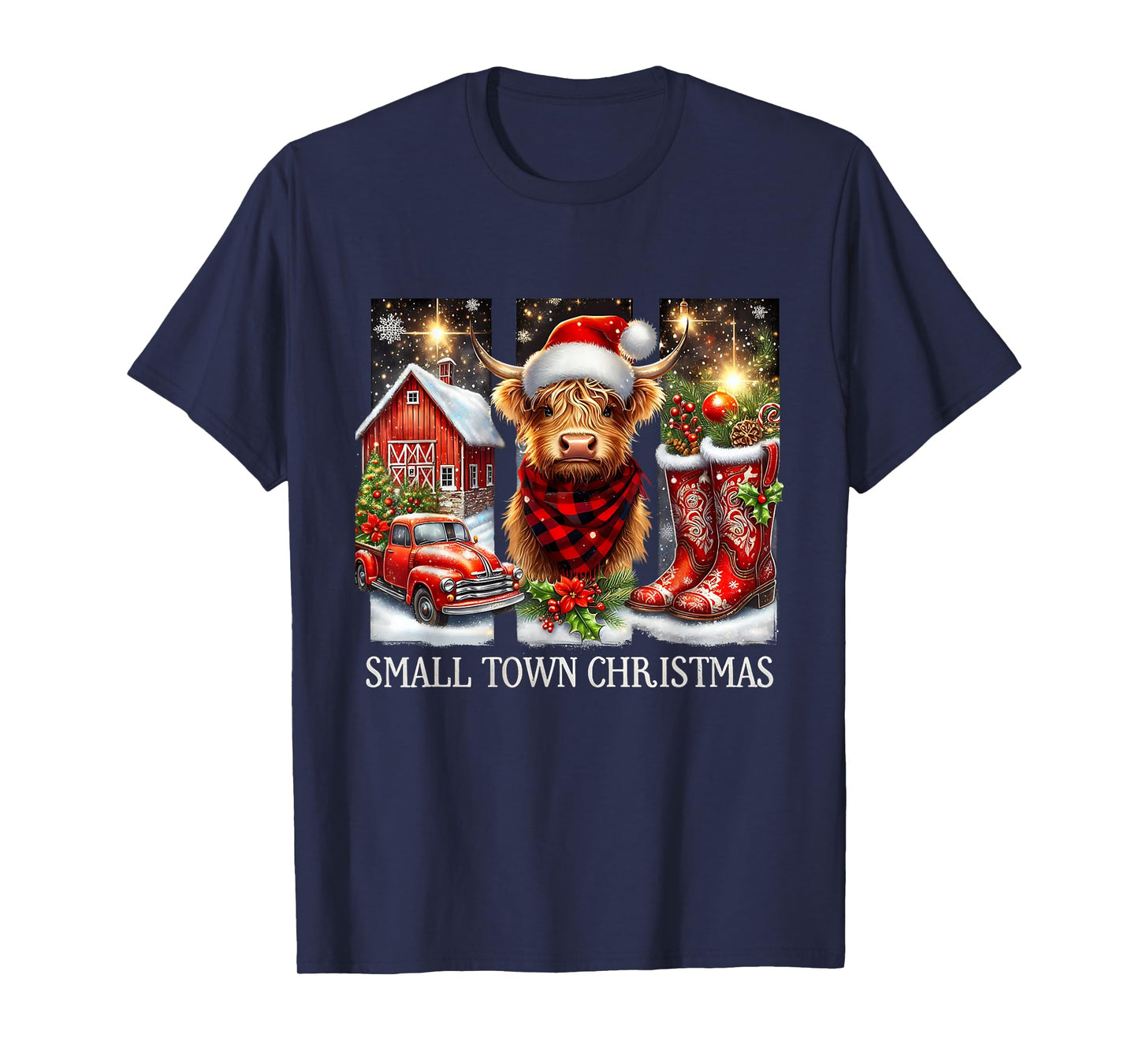 Small Town Christmas Highland Cow Western Art T-Shirt