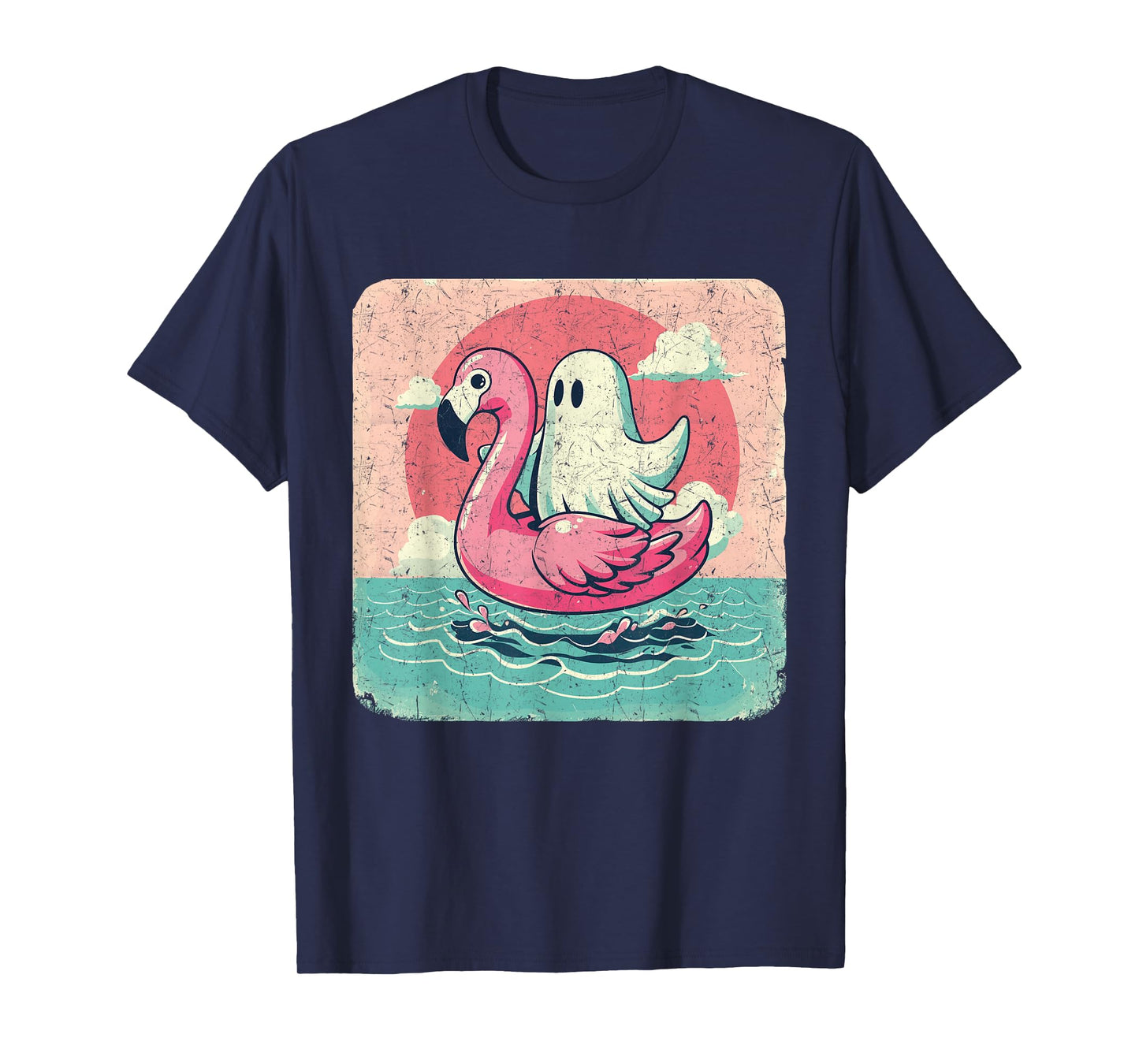 Funny Pool Vintage Ghost On A Pink Flamingo Summer Halloween Men Women T-Shirt