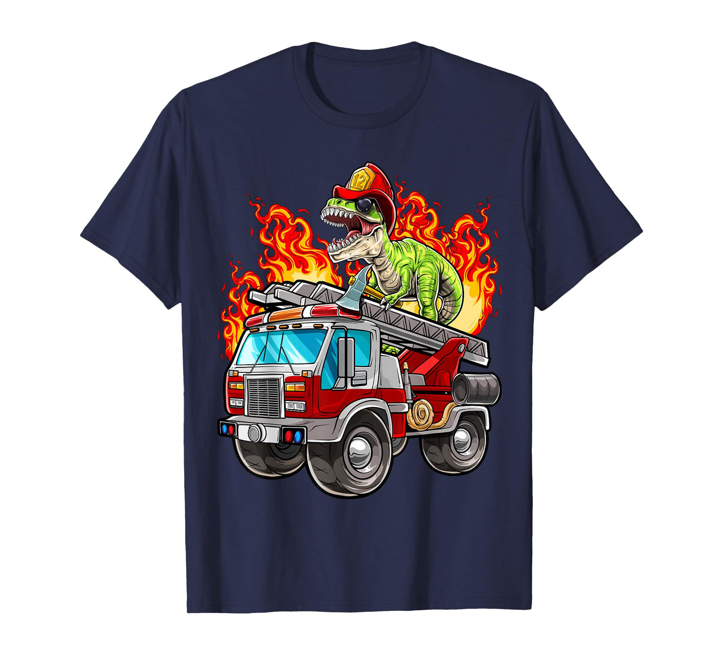 Fireman T Rex Dinosaur Firefighter Hat and Firetruck Boys T-Shirt