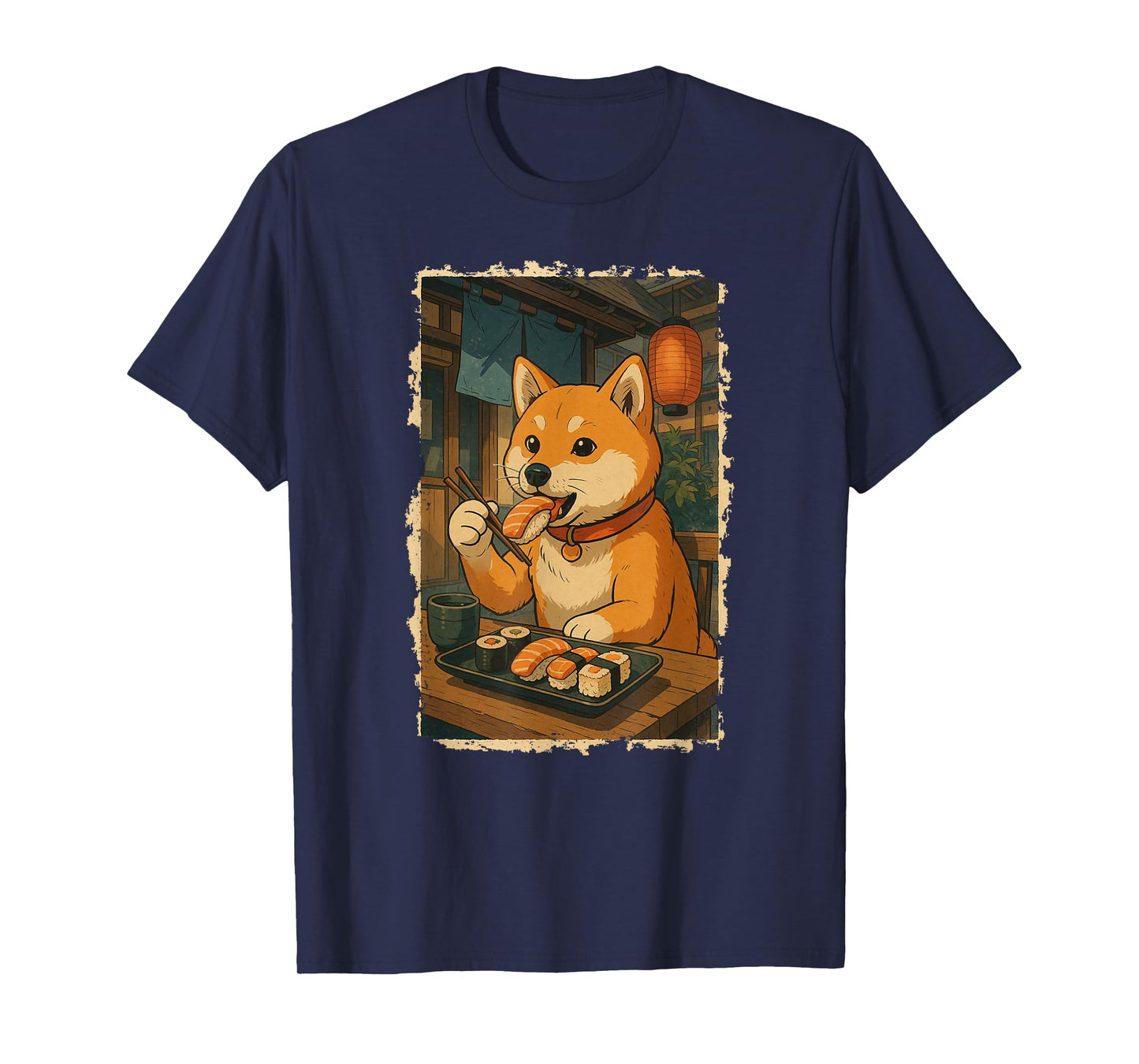 Dog Shiba Inu Eats Sushi Japanese Vintage T-Shirt