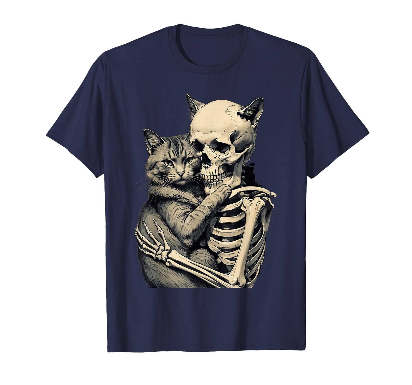 Skeleton Hugging Cat Lover Halloween Tee Funny Apparel T-Shirt