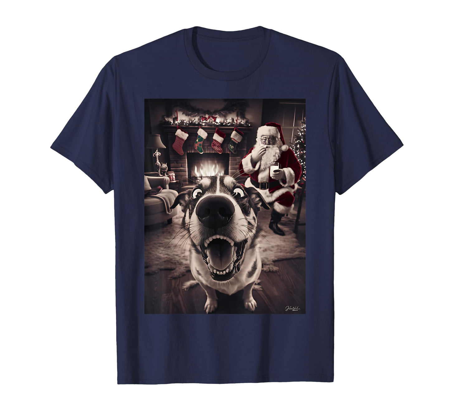 Funny Dog Selfie With Santa Xmas Christmas T-Shirt for Men Women Girls Kids