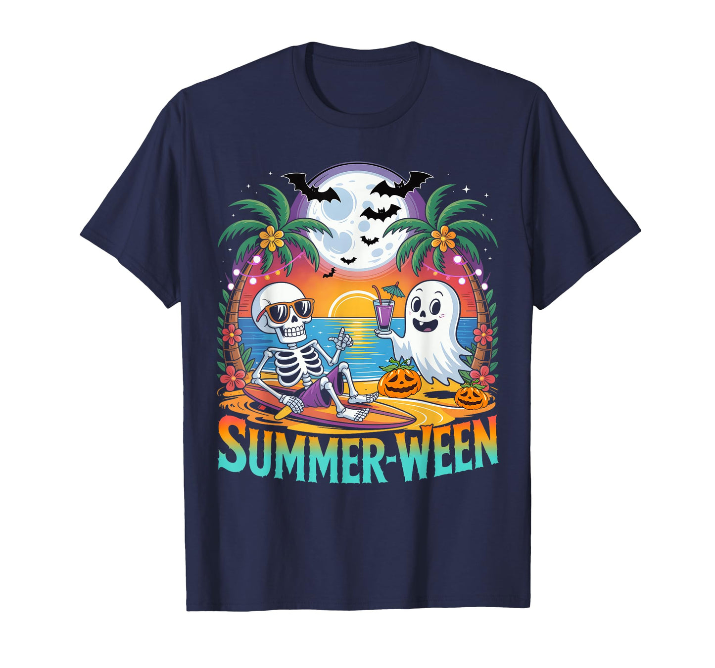 Beach Party Halloween Vibes Summerween Skeleton Ghost T-Shirt