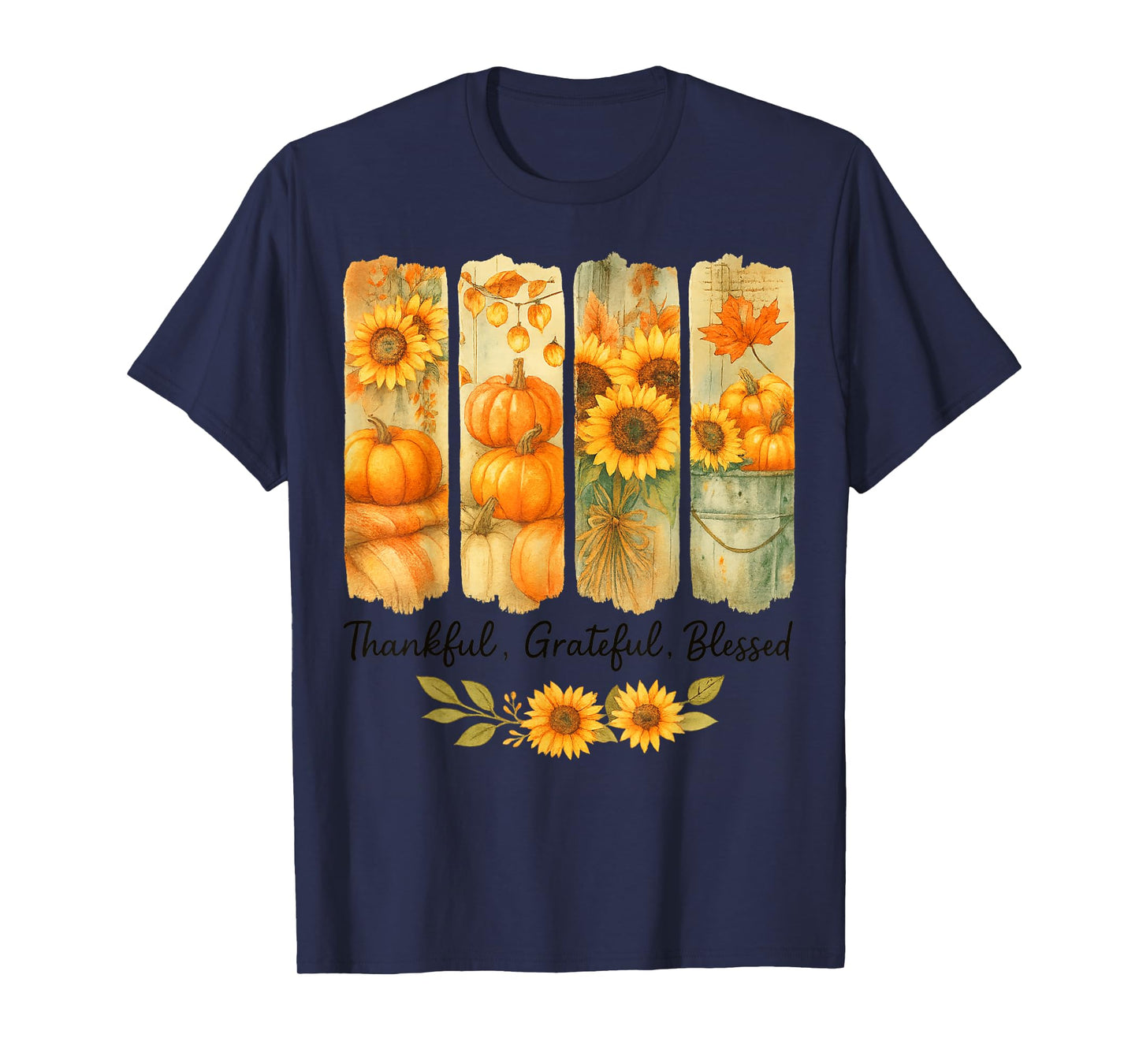Thankful Grateful Blessed Pumpkin Flowers Funny Thanksgiving T-Shirt