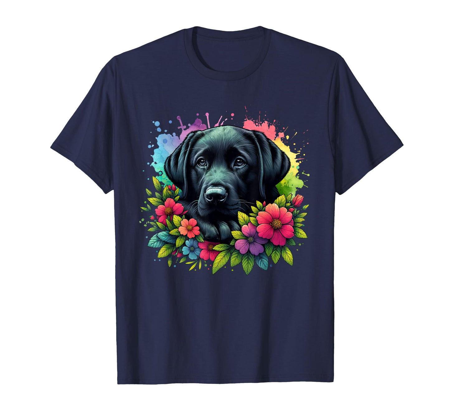 Cute Labrador Retriever Lover Black Lab in Colorful flowers T-Shirt