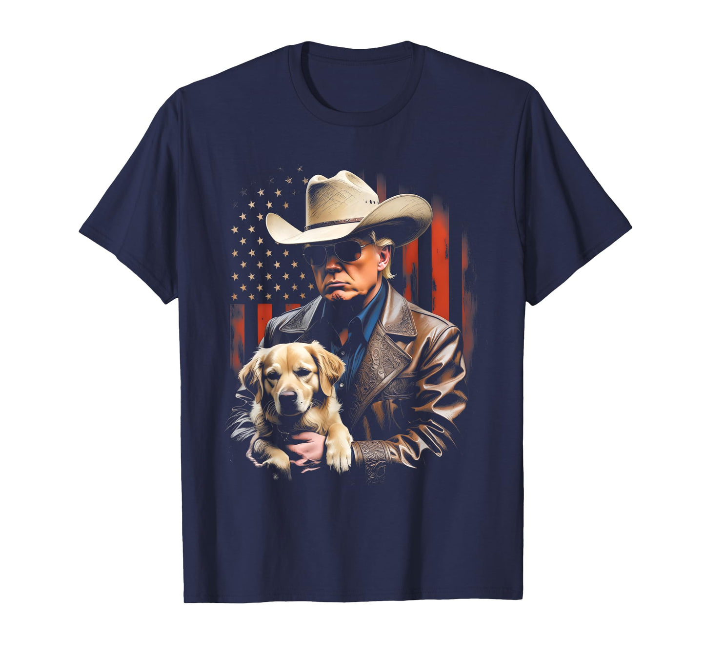 Trump and Golden Retriever Dog, American Flag Funny Cowboy T-Shirt