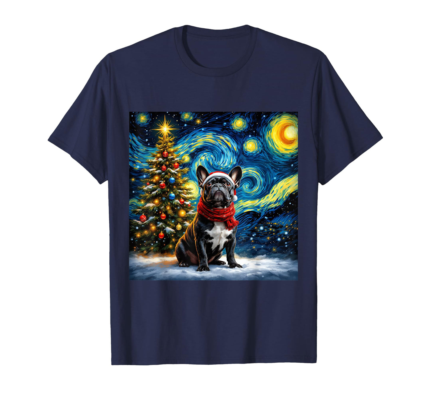 French Bulldog Starry Night Christmas Van Gogh Dog Santa Hat T-Shirt