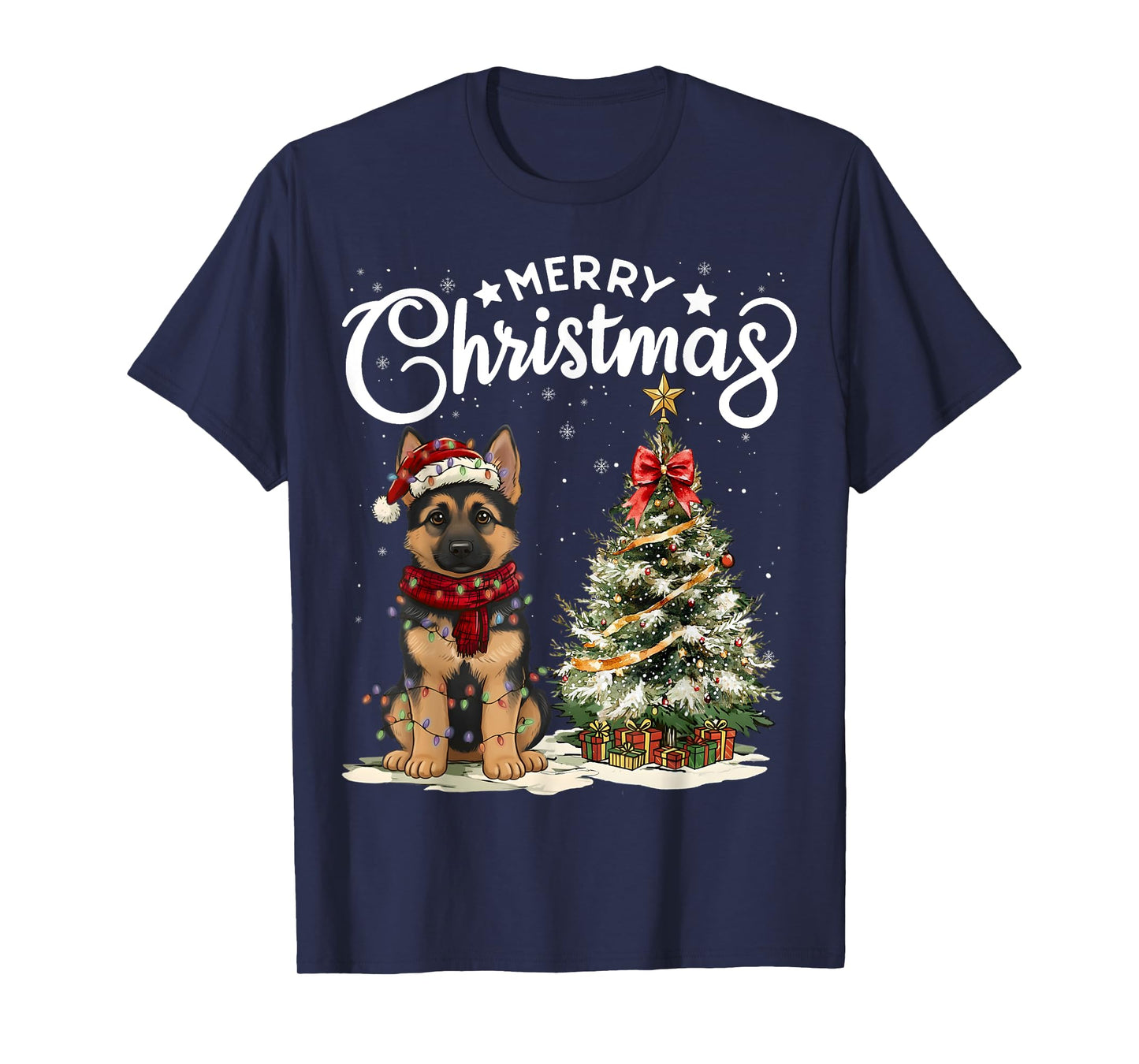 German Shepherd Merry Christmas Dog Santa Hat Tree Lights T-Shirt