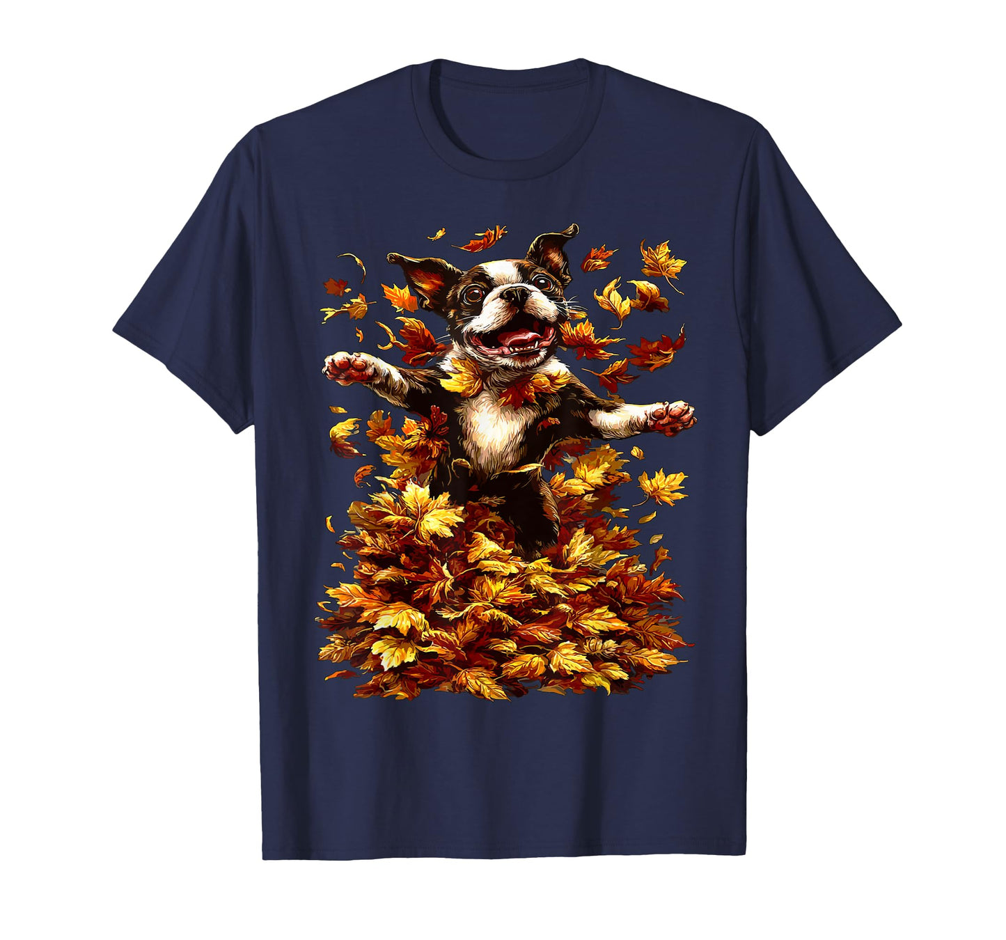 Boston Terrier with Fall Leaves Animal Autumn Aesthetic Dog T-Shirt
