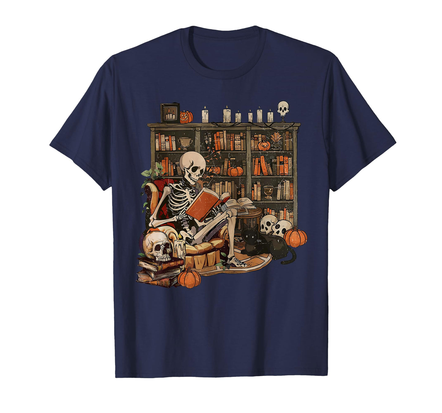 Skeleton Library Halloween Book Reading Books Lover Teacher T-Shirt