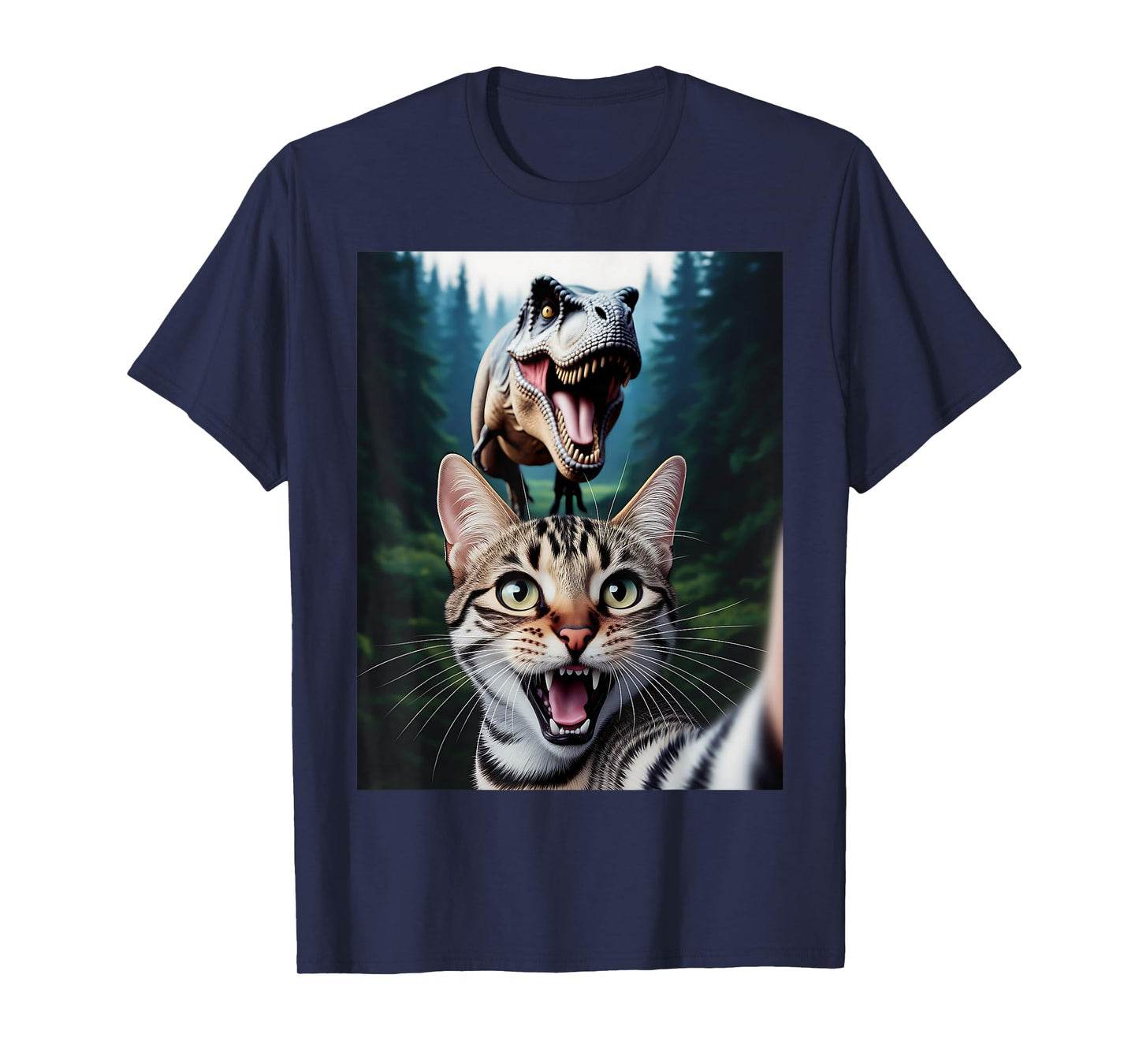Funny Cat Selfie With T-Rex Dinosaur Cat Men Women Kids T-Shirt